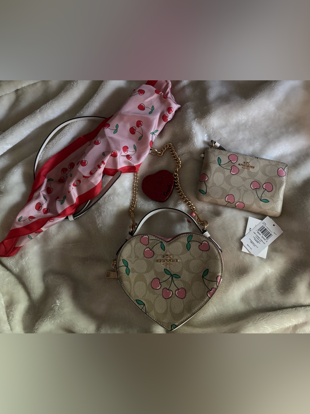 Coach Cherry Heart Crossbody Bag in Pink and Beige